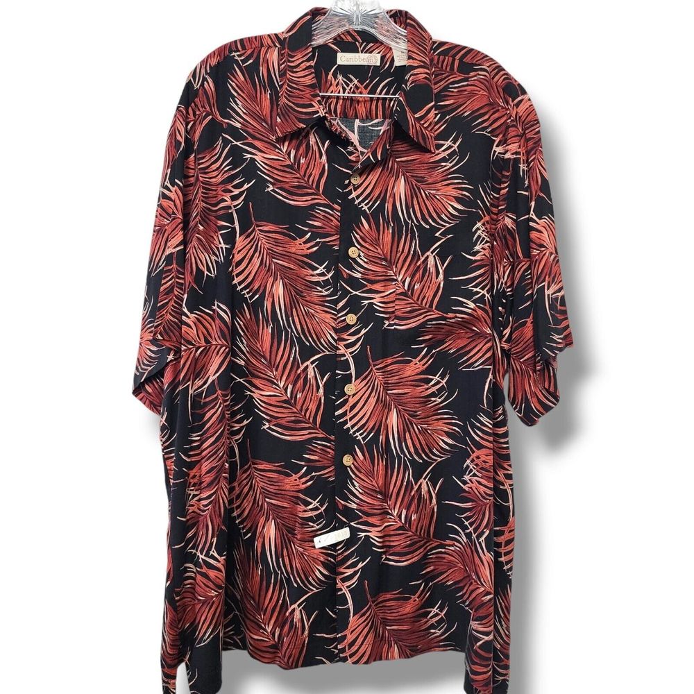 Caribbean Men's XL 100% Rayon Multi Color Floral Fern Hawaiian Shirt Bright